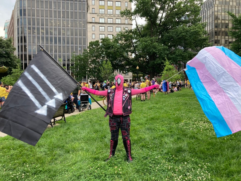 Spider-Punk (pink color palette) cosplayer waves transgender flag and antifascist Three Arrows flag in an urban park.